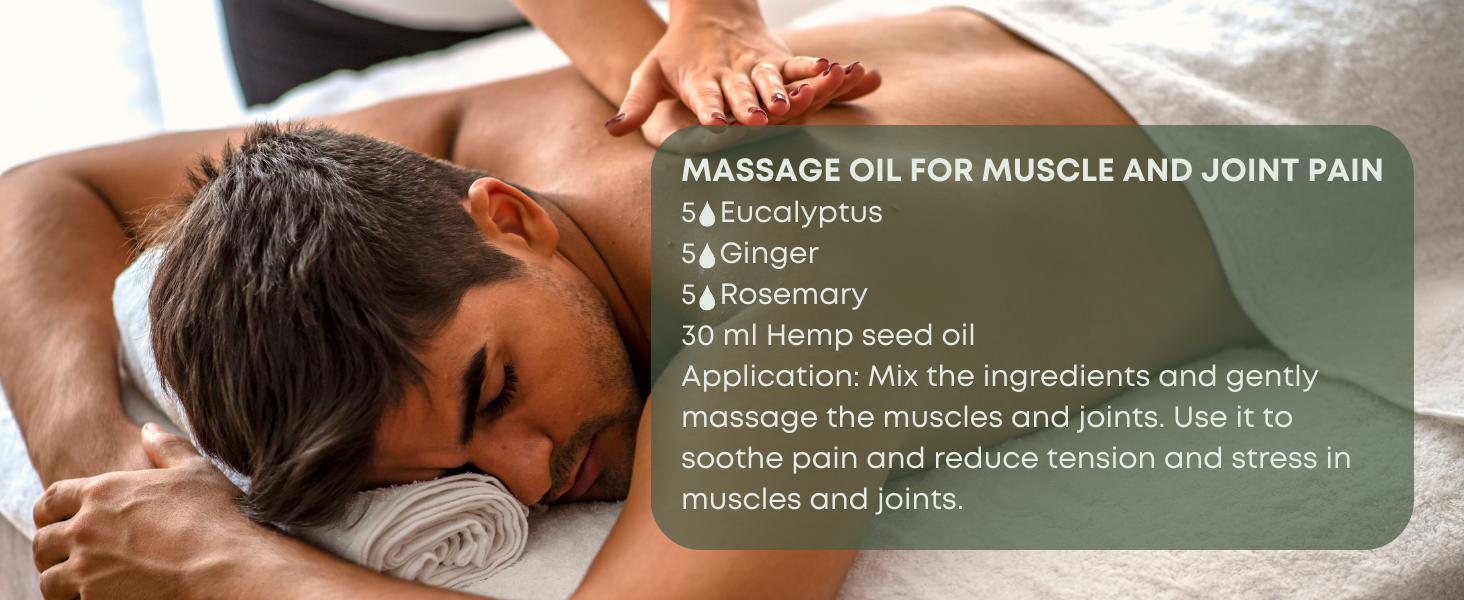 Massage oil for mucle and joint pain with eucalyptus, ginger, rosemary essential oil, hemp seed oil
