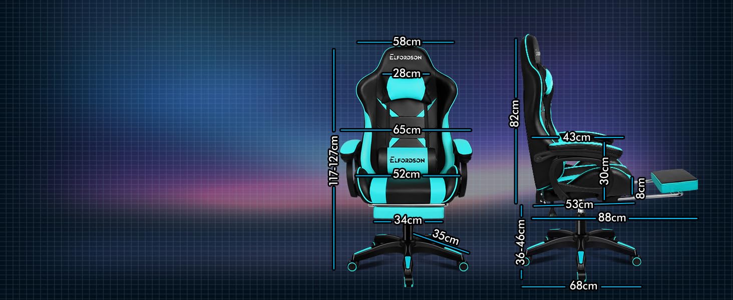 ELFORDSON Gaming Chair Lumbar Massage With Footrest, Cyan & Black 15 3-3