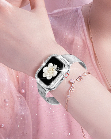 silver apple watch band with bling case for women