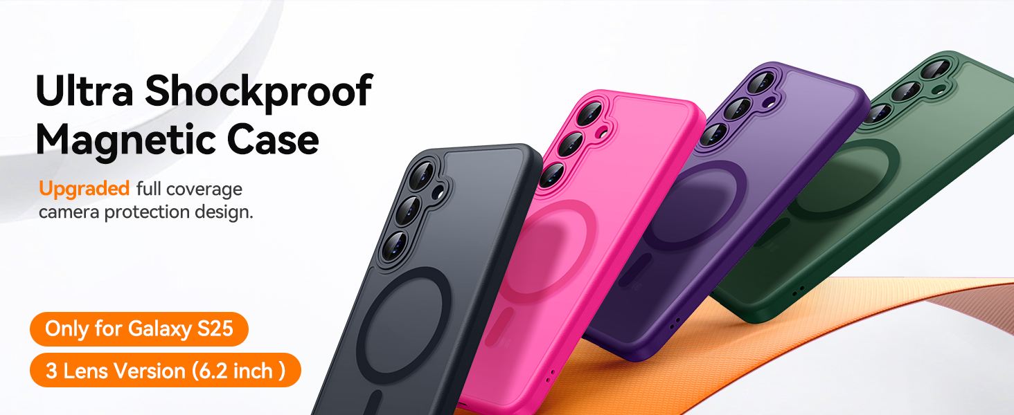 Reihe farbenfroher magnetischer Handyhüllen für das Galaxy S22 mit stoßfestem Design und Kameraschutz. Die Hüllen sind in den Farben Lila, Rosa, Schwarz und Grün dargestellt