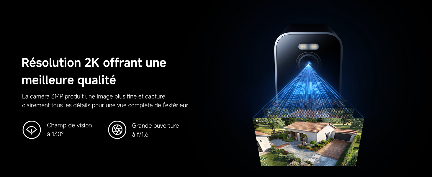 Le texte se lit comme suit : « Résolution 2K offrant une meilleure qualité ». Smartphone affichant une image de paysage de style holographique projetée avec des indicateurs techniques.