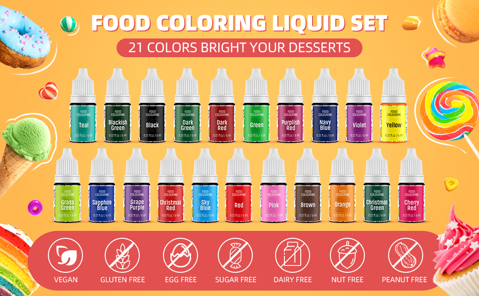Food Colouring Set 21 Food Grade Vibrant Food Dye Waysroma Tasteless Liquid Color for Cake