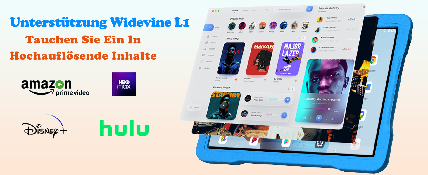 Tablet-Oberfläche mit Logos und App-Symbolen von Streaming-Diensten, einschließlich Amazon, Disney+ und Hulu, mit deutschem Text zur Widevine L1-Unterstützung