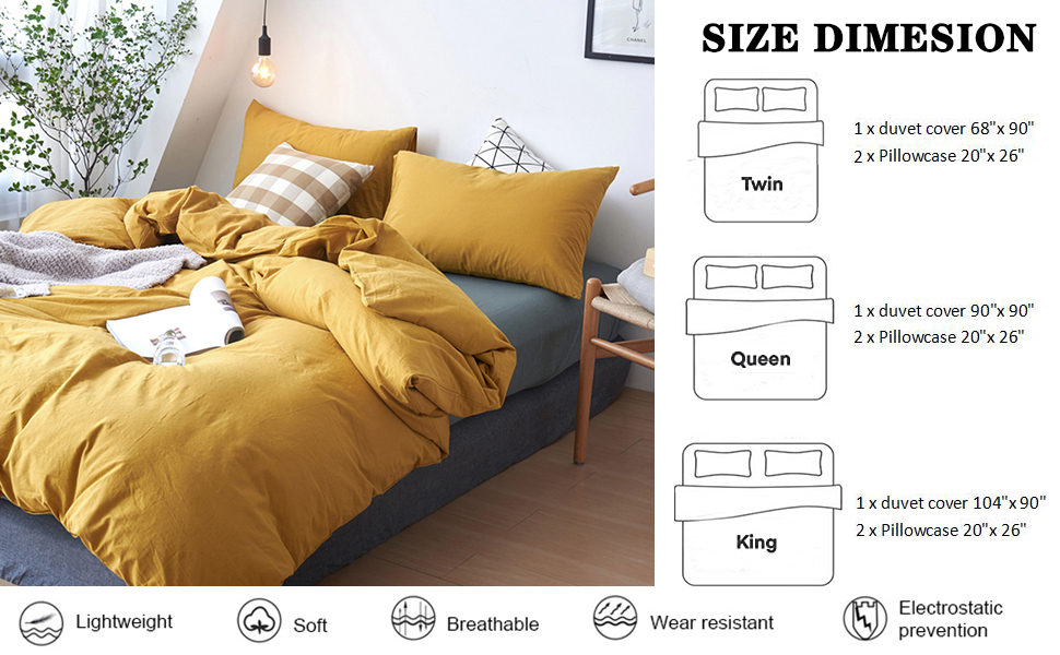 Yellow Duvet Cover Twin Size, 100 Washed Cotton Duvet Cover Set Solid