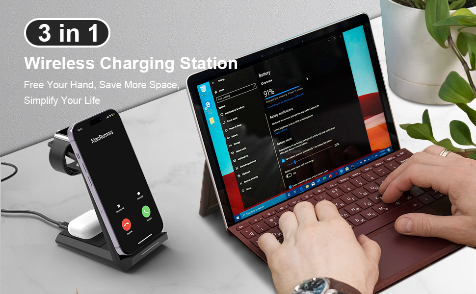 Wireless Charger 3 in 1 ADADPU 15W Fast Charging Station for Apple Watch Series 9/8/7/6/SE/5/4