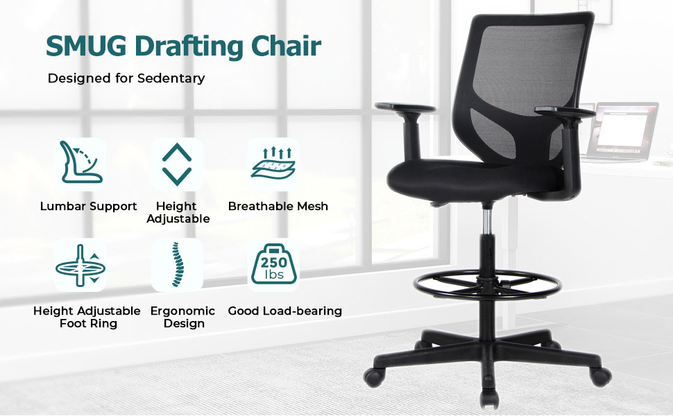 SMUG Drafting Chair, Tall Office Chair Tall Desk Chair with Adjustable Armrests