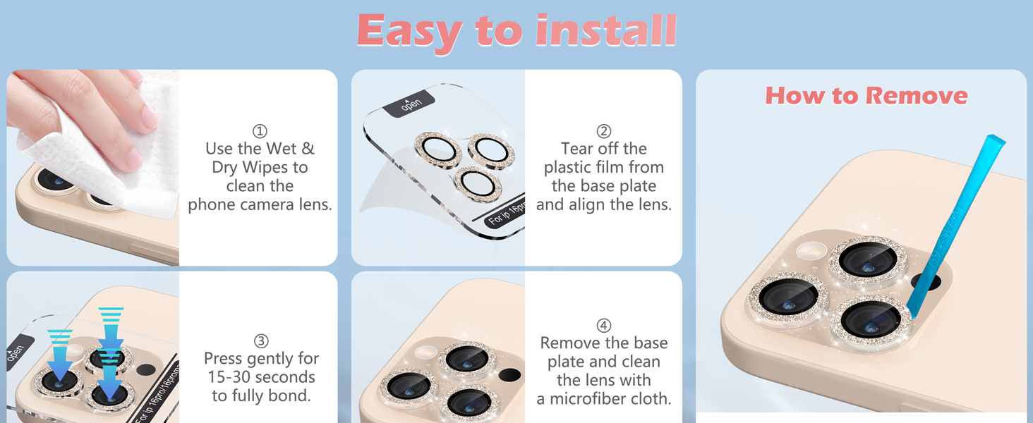 imluckies Glitter Camera Lens Protector for iPhone 16 Pro - iPhone 16 Pro Max, AR+AF Tempered Glass, 9H Ultra-Tough Metal Individual Lens Cover, HD Clear Camera Accessories - Bling Desert Titanium 20 Easy to install