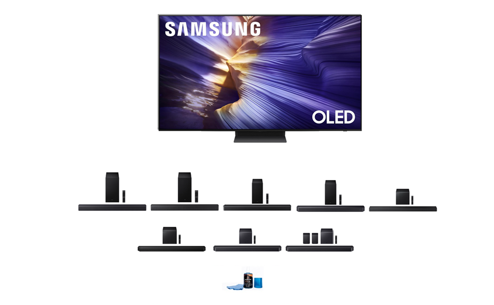 Samsung S90FA Series TV with Samsung Soundbar and Amber Screen Cleaner