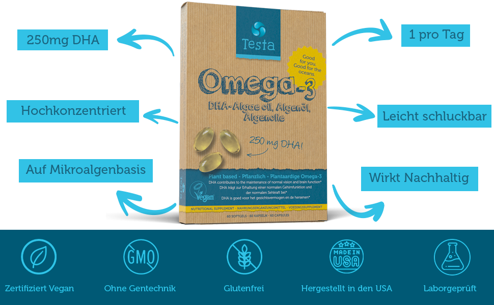 Testa Omega3 Algenöl 250mg DHA Pflanzlichen Omega3 Reines und