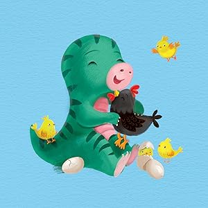 Green dinosaur holding a black cockerel, little yellow chicks fly hop on the ground