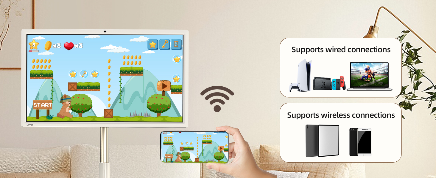 rolling tv monitor with wireless and wired projection