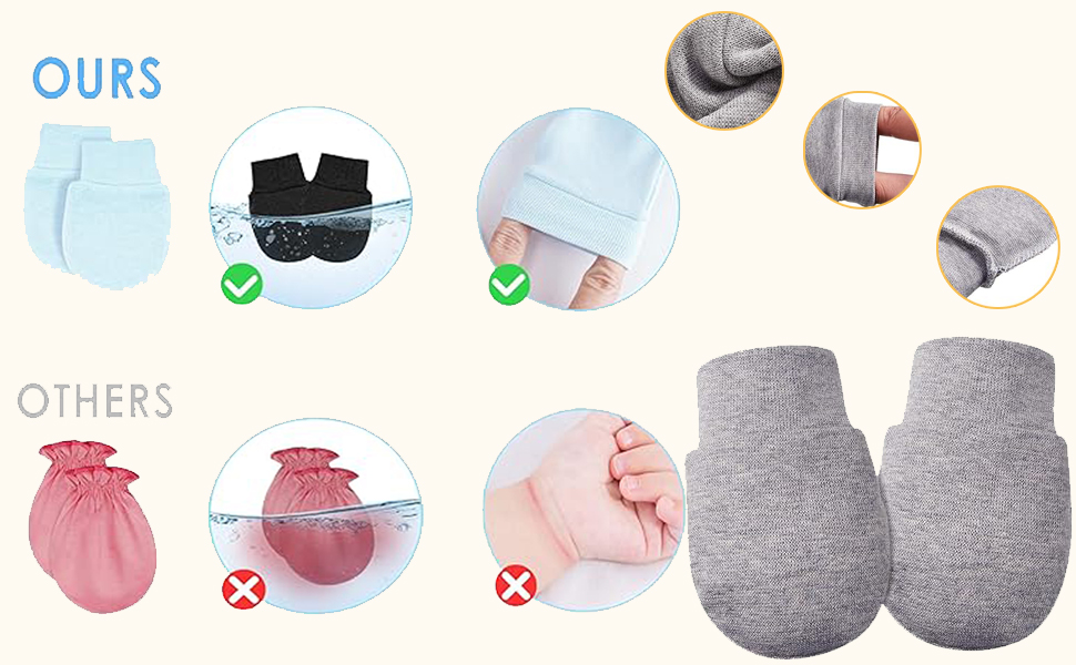 Comparison of baby mittens and socks. Top row shows light blue and gray options, bottom row displays pink mittens and gray socks.