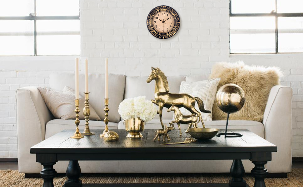 Vintage Wall Clocks for Living Room Decor, 12 in Small Kitchen Wall Clock Battery Operated, Silent Rustic Retro Mid-Century Decorative Wall Clock for Office/Bathroom/Bedroom, Black Golden 11 wall clocks for living room decor