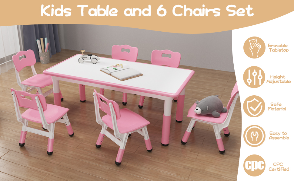 El texto dice «Set de mesa y 6 sillas para niños». Expositor de productos de un conjunto de muebles infantiles de color rosa y blanco con iconos informativos que muestran varias características.