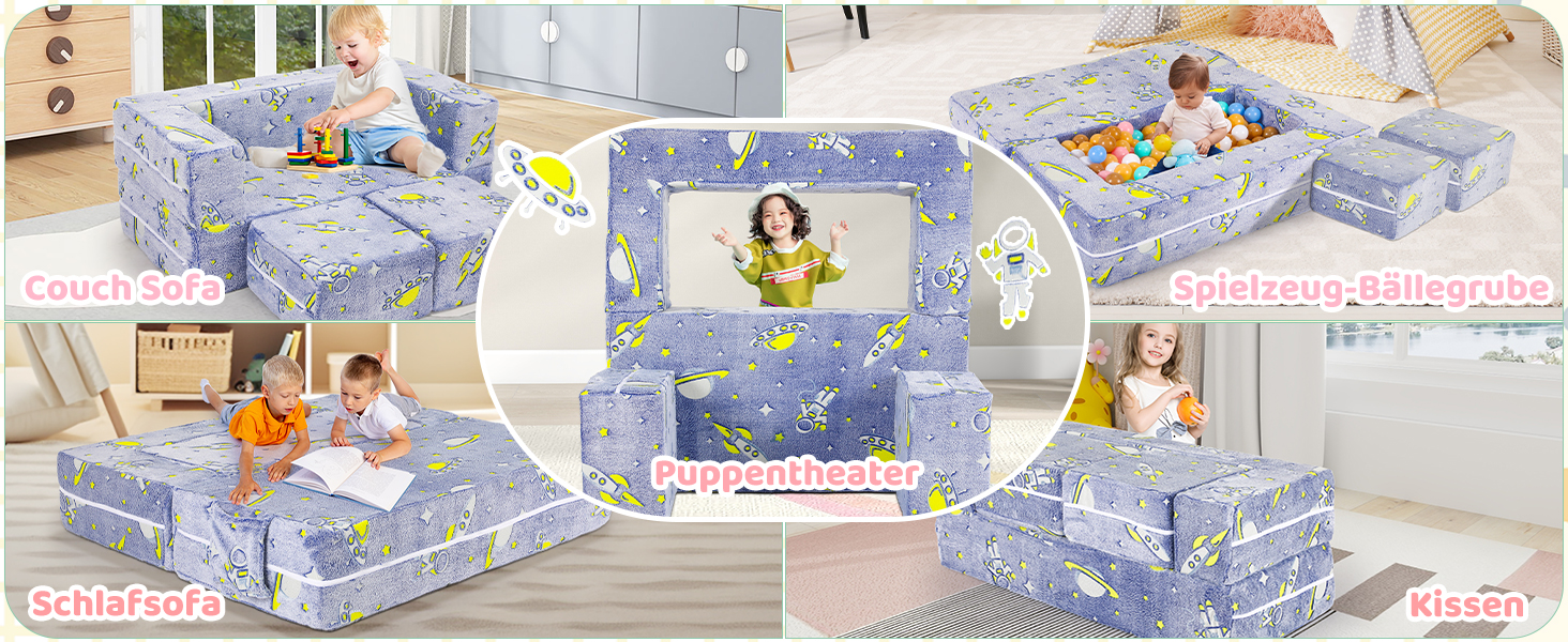 Modulare Spielmatte aus Schaumstoff für Kinder mit hellblauen Teilen mit weißem Wolkenmuster. Es werden mehrere Konfigurationen für Sitz- und Spielbereiche gezeigt.