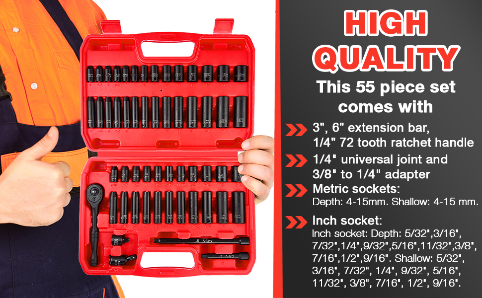 EACELIY 55 pieces SAE&Metric 1/4" Deep/Shallow Impact Socket Set