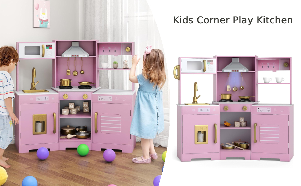 Text reads 'Kids Corner Play Kitchen'. Pink and white play kitchen set shown from multiple angles, featuring various cabinets and appliance elements.