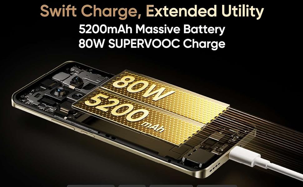 5200mAh battery with 80W SUPERVOOC fast charging shown inside chassis for swift, safe top-ups.