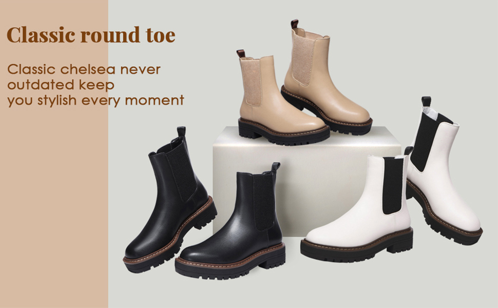 Womens Lug Sole Platform Ankle Booties Chelsea Slip on Chunky Block Heel Leather Combat Boots 