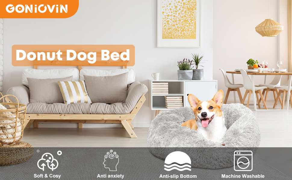 GONICVIN Donut Dog Bed, Fluffy Cat Bed, Calming Pet Bed, Cosy Anti Anxiety Beds with Machine