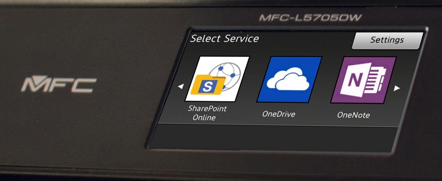 MFC-L5705DW color touchscreen on Cloud Service menu showing SharePoint Online, OneDrive, and OneNote