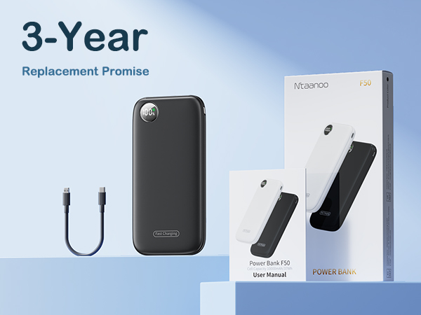 Black portable power bank with 3-year replacement promise, shown with charging cable and retail packaging against blue background.