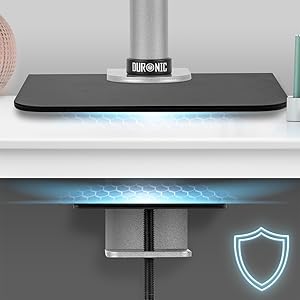illustrates front view of the black steel plates with a monitor arm clamp fixed on top, strong icon