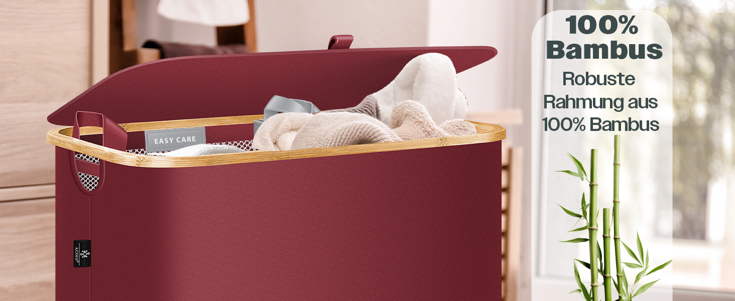 Aufbewahrungsbox in Burgunderrot mit Bambuskonstruktion, Aufschrift „100% Bambus“ und dekorativer Bambusillustration