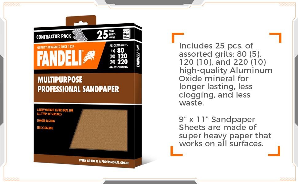 Fandeli MultiPurpose Sandpaper 60 Grit 25 Sheets of 9'' x 11