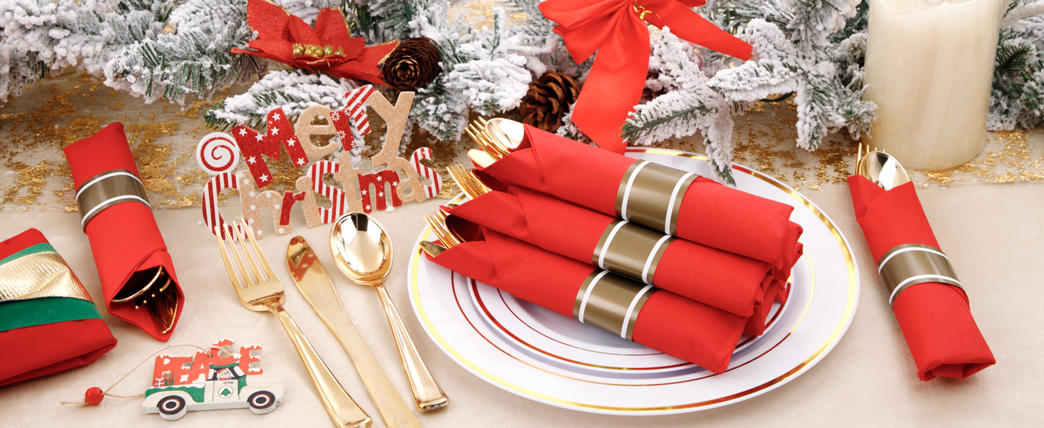 Nervure 400PCS Pre Rolled Gold Plastic Silverware Sets