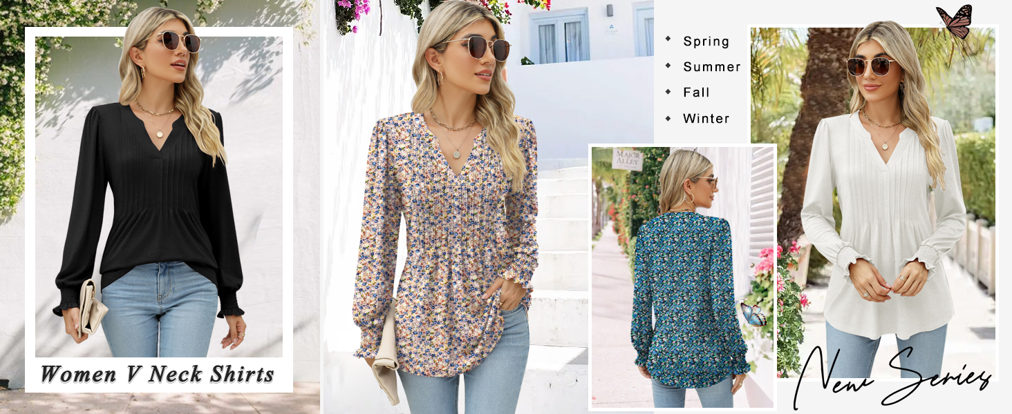 Fall Tshirts for Women Long Sleeve V Neck Smocked Tops Tunics Casual Loose Solid Color Shirts