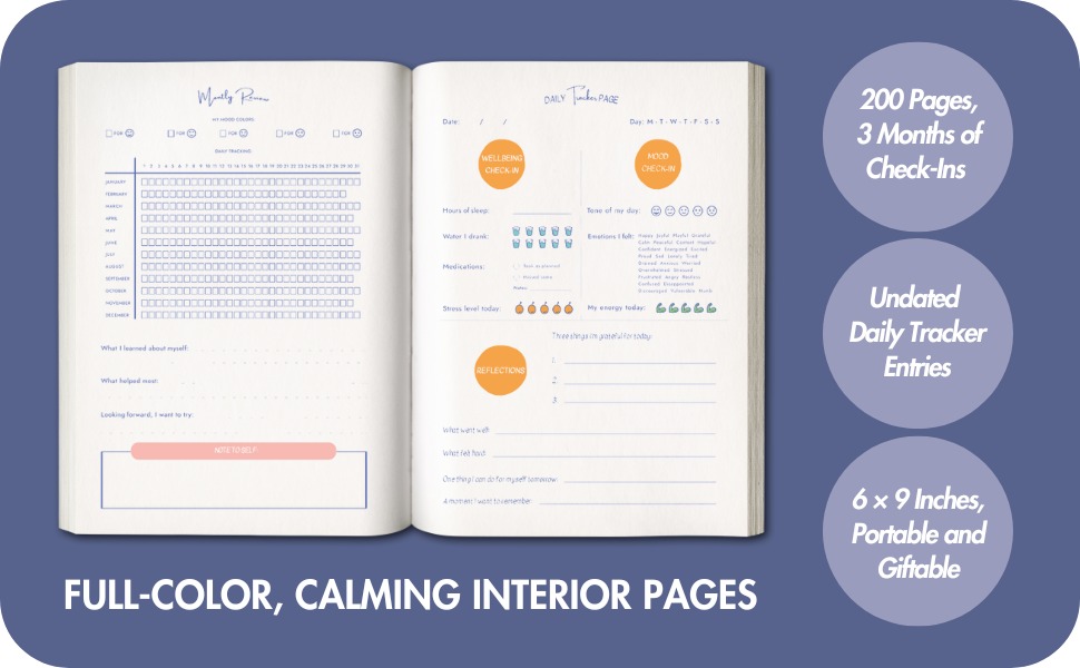 Open mood tracker journal showing daily check-in and monthly review pages with calming design