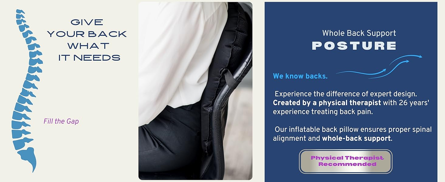 Inflatable, customizable back support pillow for airplane Travel, office chair, car seat