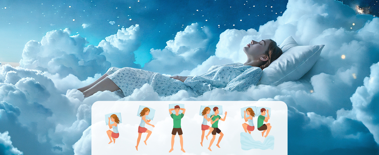 Dreamlike illustration showing clouds with animated figure sequence below demonstrating various sleep positions and movements.