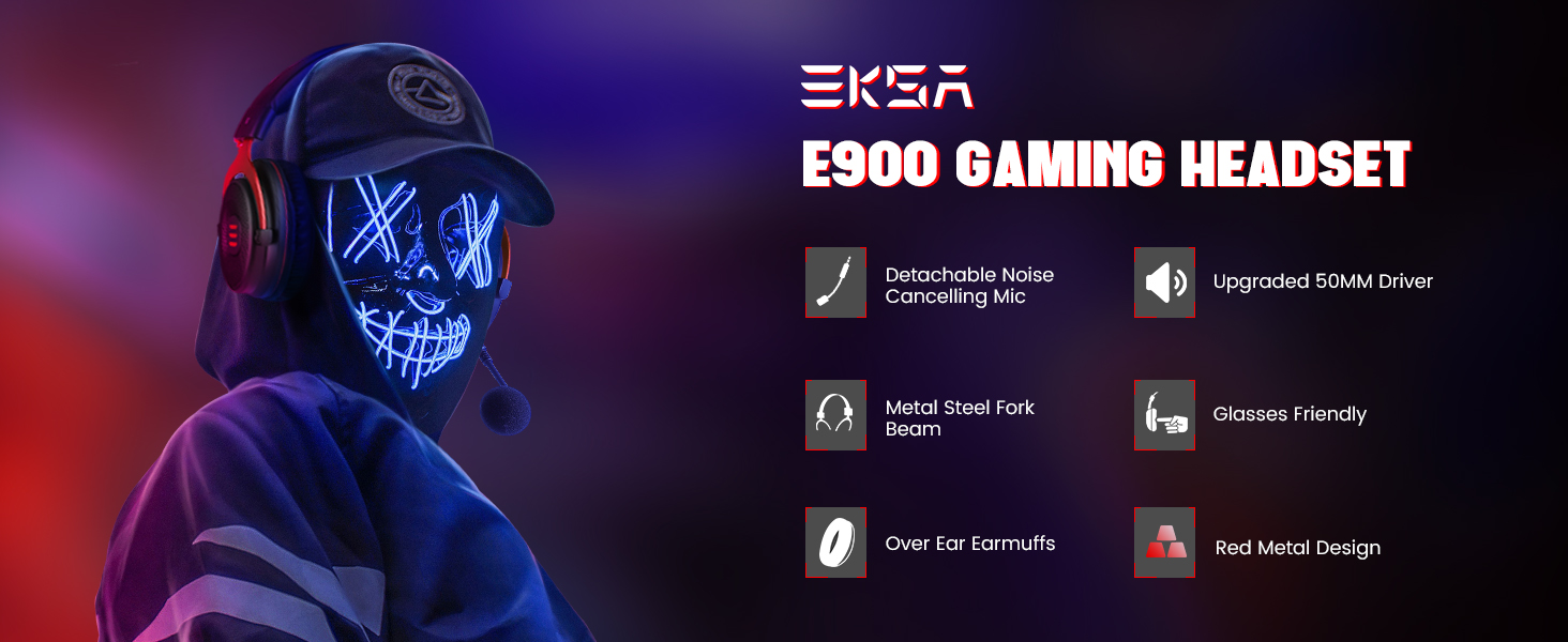 EKSA Casque de jeu pour PC, microphone détachable avec suppression du