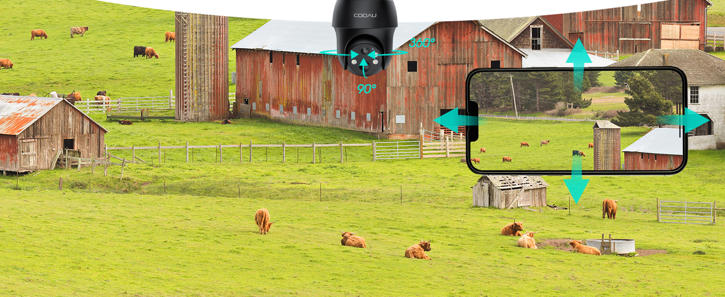 Diagrama mostrando um suporte ou suporte para smartphone com pontos de ajuste cor azul-azul-verde, sobrepostos em uma cena de fazenda pastoral com celeiro