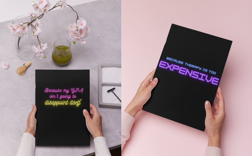 two different black and neon coloured notebooks being held by women over table tops