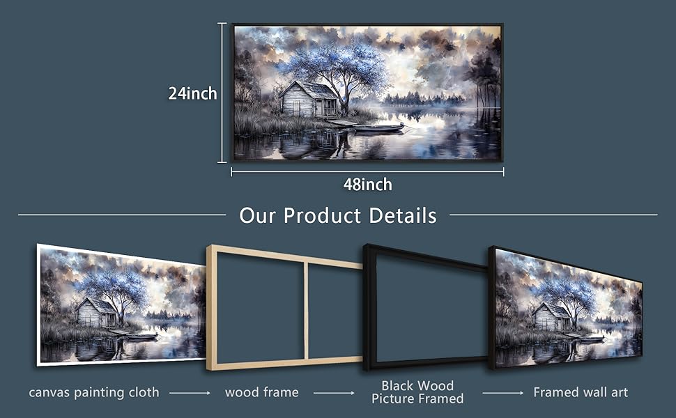 Blue Tree Lakeside Landscape Painting Black Frame