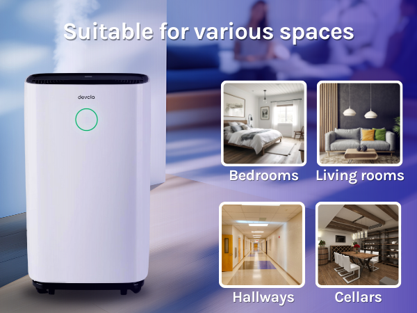 White portable air purifier unit with circular indicator light, shown with four room application examples including bedrooms, living rooms, hallways, and cellars.