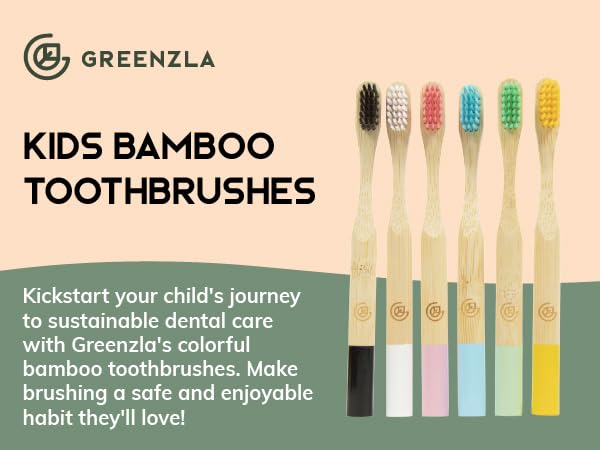 Greenzla Kids Bamboo Toothbrushes Organic Sustainable Dental Care Ergonomic Soft Charcoal Bristles