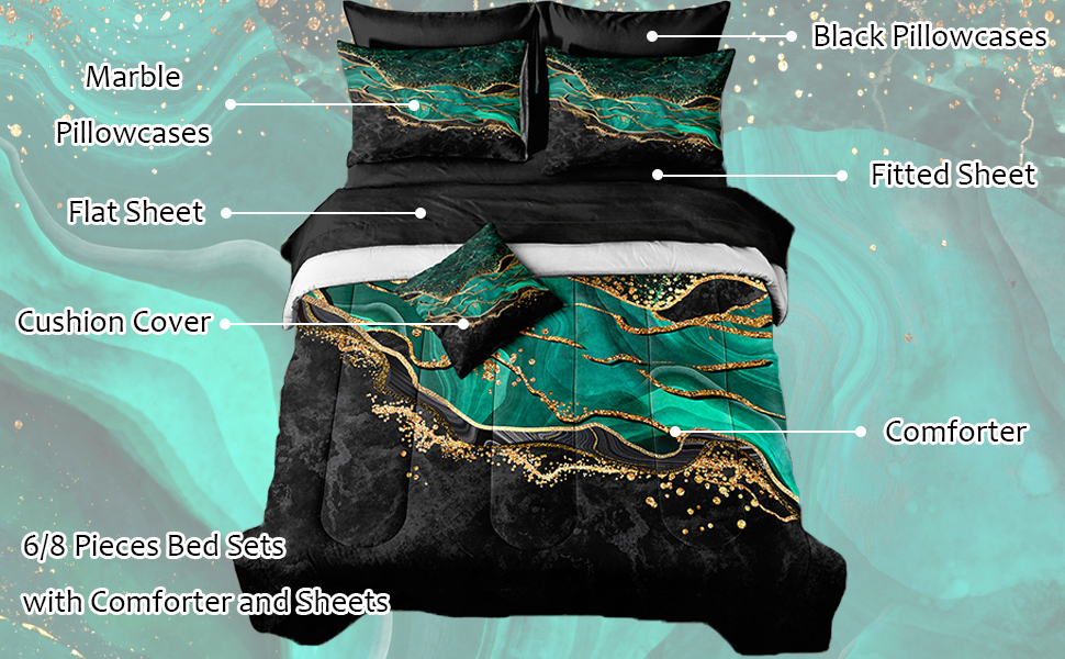 Black Gold Comforter 8 Pieces Queen Bed in a Bag, Emerald