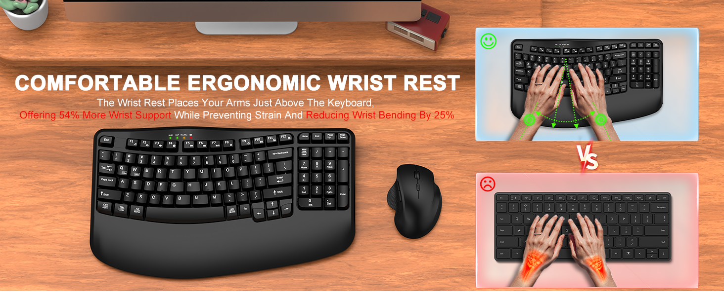 Wireless Keyboard and Mouse Combo Wave Keys Ergonomic Keyboard Wrist Rest Advanced Ergonomic Mouse