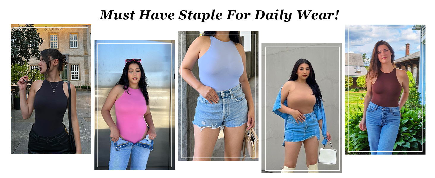 SHAPERX Bodysuit for Women Sleeveless Leotard High Neck Stretchy Tank