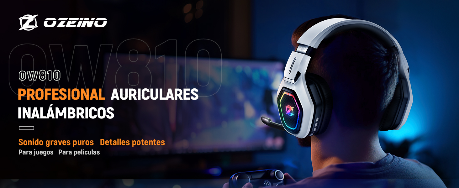 de auriculares inalámbricos que muestra a una persona con auriculares supraaurales blancos. El texto en español describe los auriculares inalámbricos profesionales