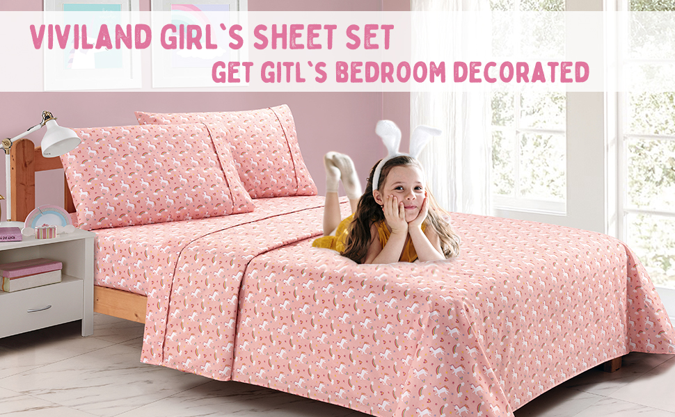 Viviland Unicorn Kids Pink Twin Sheet Girls Twin Sheet Set with