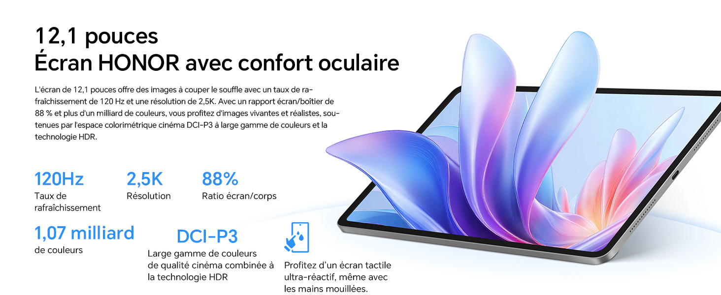 Spécifications de l'écran d'affichage HONOR indiquant une taille de 12,1 pouces, avec des graphismes dégradés bleus et violets et des détails techniques.