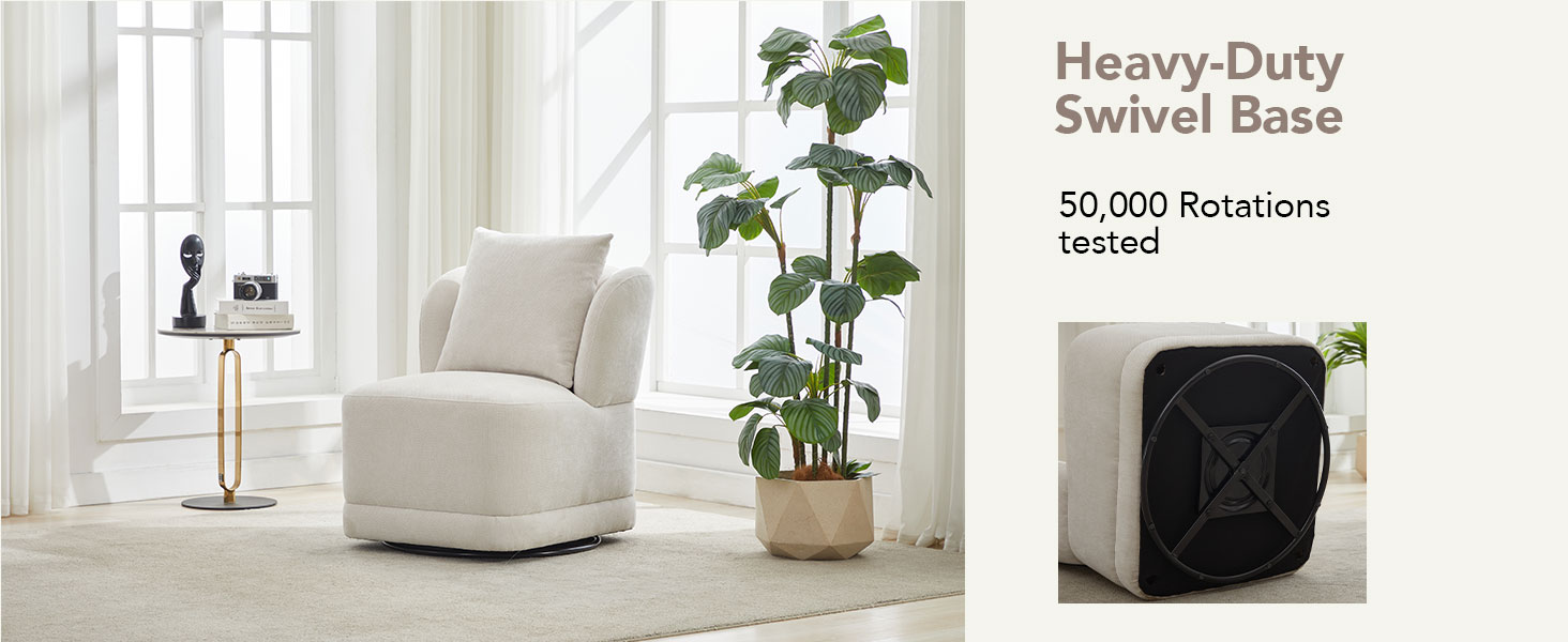 Swivel Accent Chair for Living Room,360° Rotating Barrel Chair with Square Back Pillow,Cream White