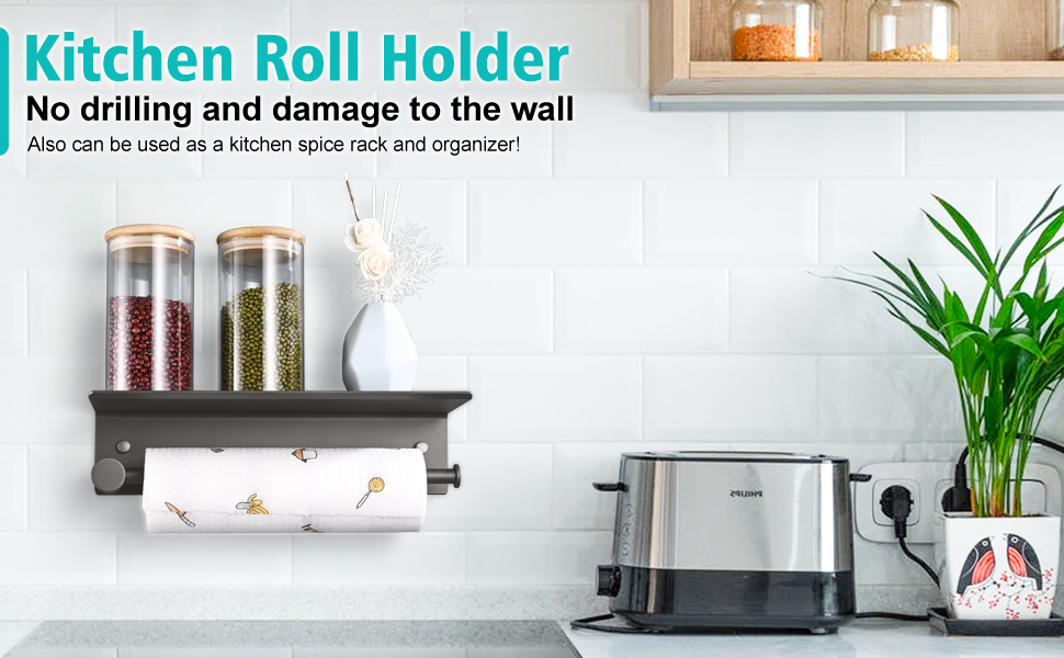 HANFU Kitchen Roll Holder Wall Mounted, Kitchen Paper Towel Rack Self