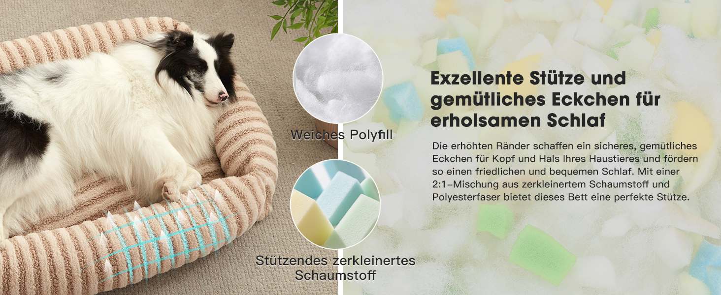 Produktfoto zeigt einen weißen und schwarzen Hund, der auf einer beigen Strickdecke ruht. Deutlicher Text zum Thema Komfort und Schlaf.