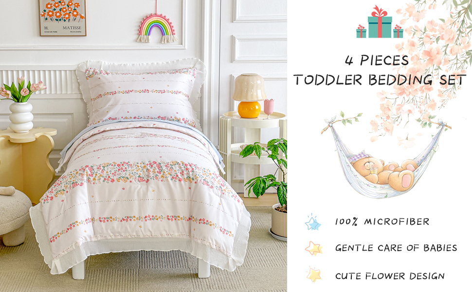 Joyreap 4 Piece Ruffled Toddler Bedding Set for Girls